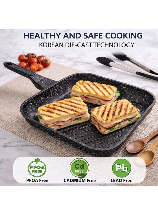 Sonex  Diecast Marble Coated Grill Pan 24 cm– Non-Stick, Raised Ridges, Cool-Touch Soft Handle, PFOA-Free, Dishwasher Safe, Easy Clean, Premium Korean Technology for Healthy Grilling, Black - Image 5